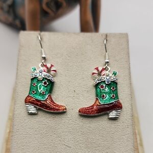 Festive Boot Earrings with Candy Cane Design